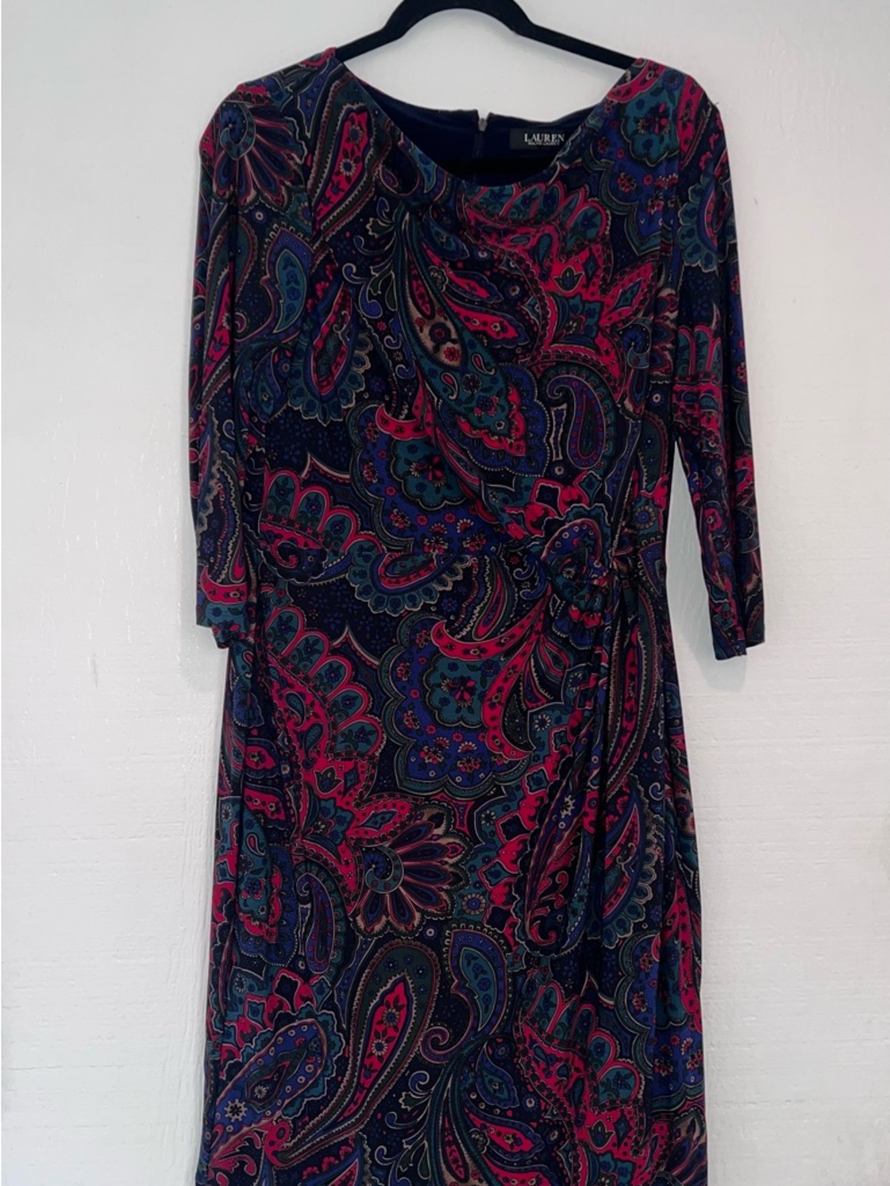 Ralph Lauren Navy Paisley Midi Dress with Pink & Teal Accents